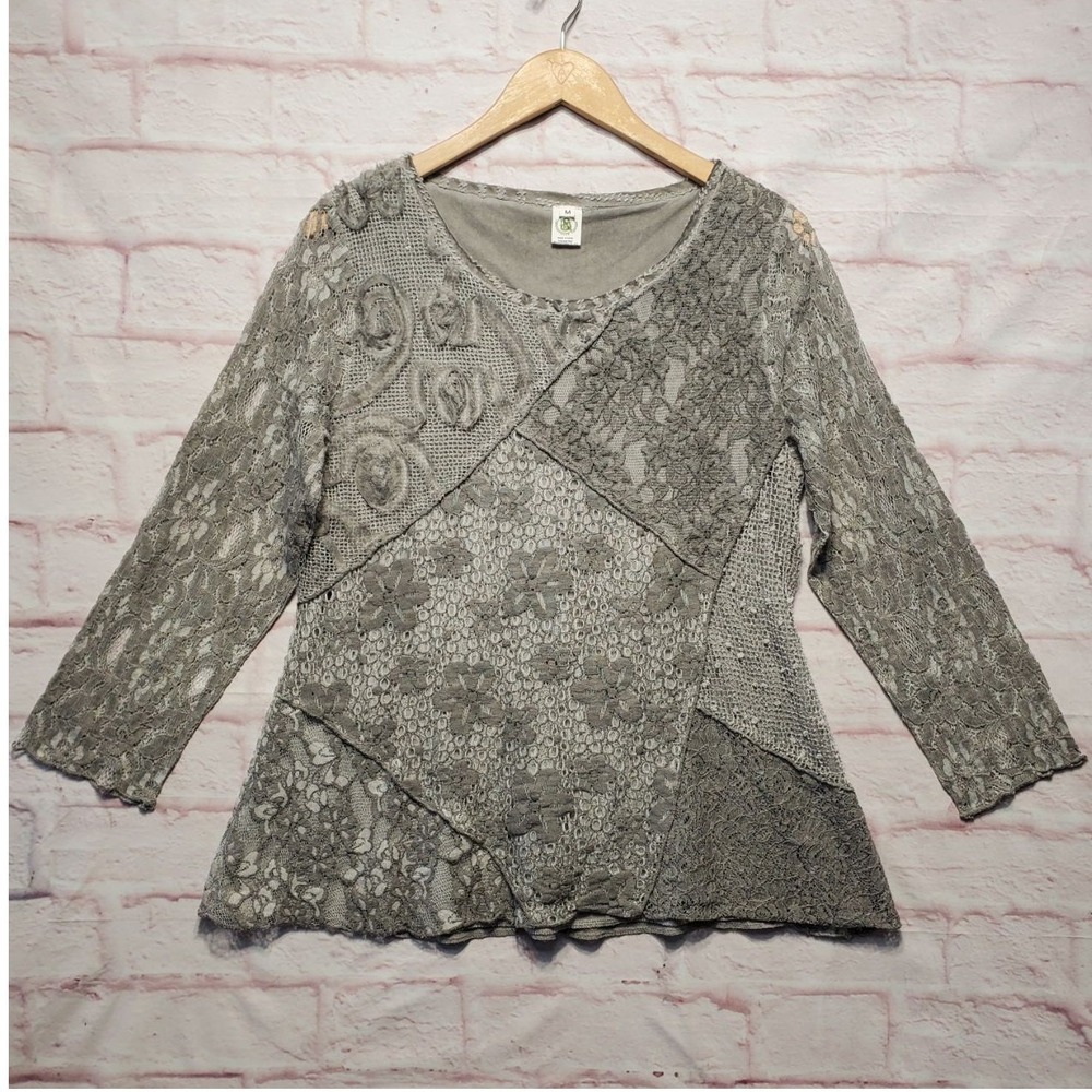 This That Mixed Lace Patchwork Tunic Blouse Womens Medium Gray Boho Lagenlook